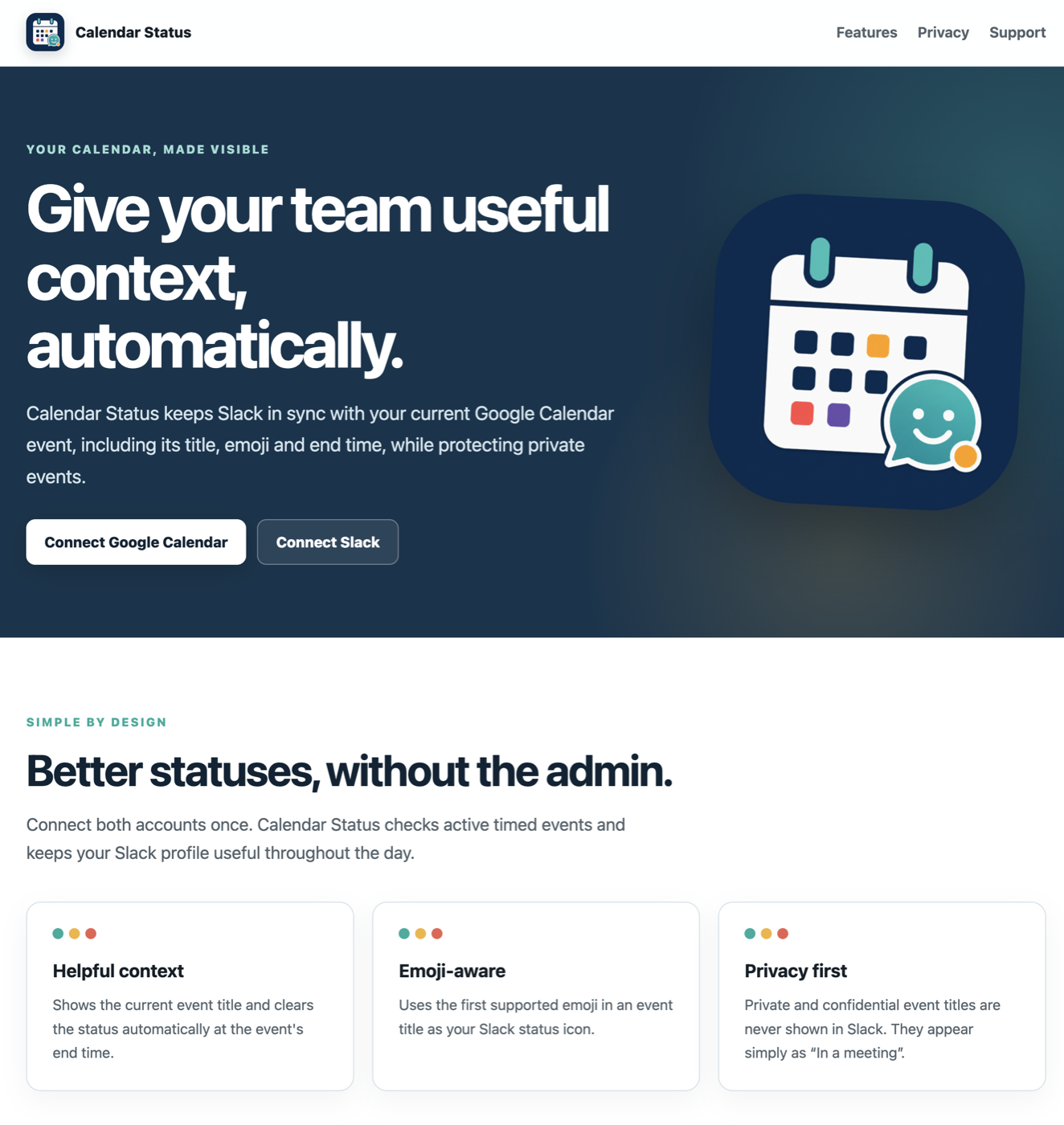 Calendar Status landing page explaining Google Calendar and Slack status syncing