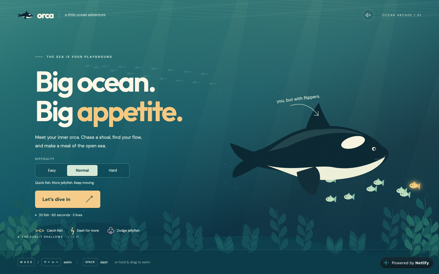 Orca ocean arcade game start screen with difficulty options and an orca swimming among fish