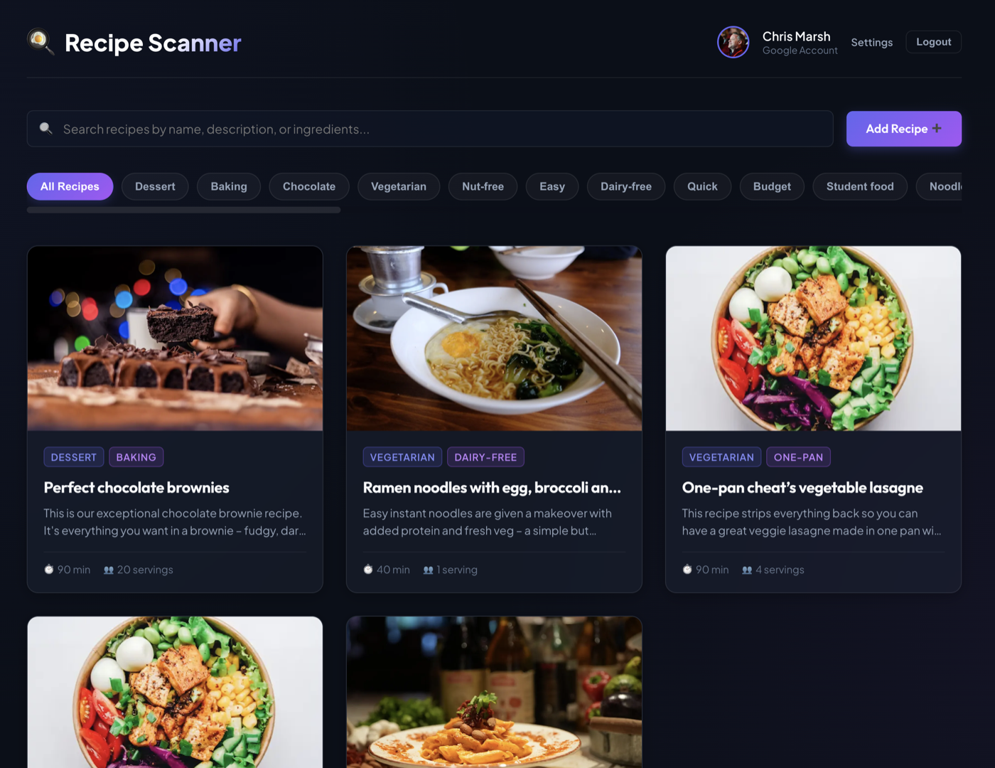 Recipe Scanner collection showing searchable recipe cards