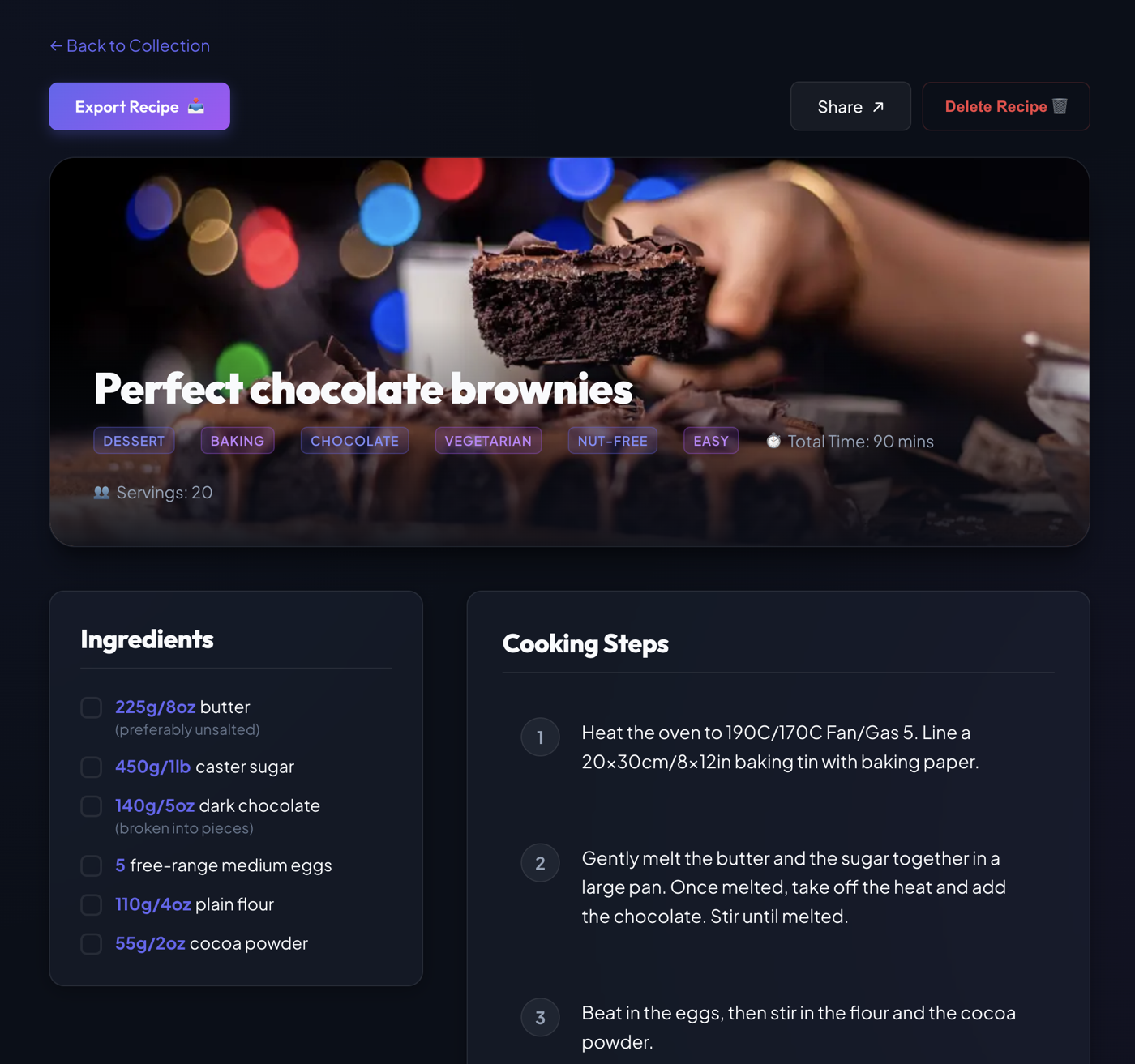 Recipe Scanner recipe page showing ingredients and cooking steps