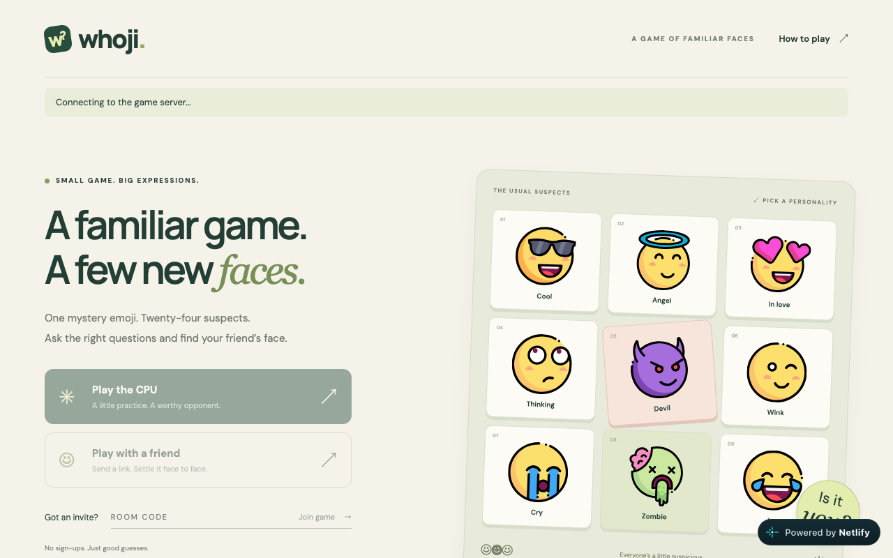 Whoji home screen showing a grid of emoji suspects and options to play the CPU or a friend